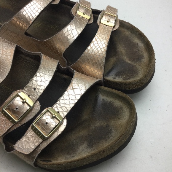 Birkenstock Florida Gold Snake Embossed 3 Strap Sandals Size 11 - Picture 8 of 12